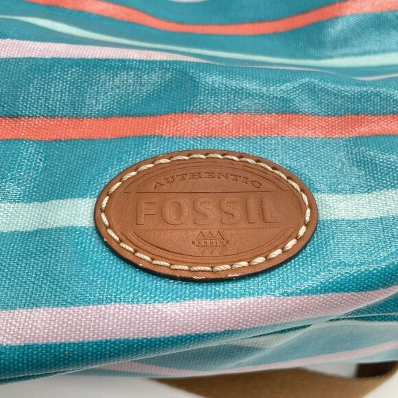 Fossil Stripe Coated Canvas Large Tote Bag Crossbody Strap Multicolor Beach Bag - Picture 7 of 9
